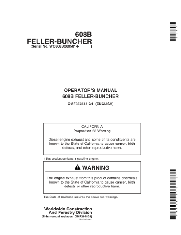 John Deere 608B Tracked Feller Bunchers Operator’s Manuals (OMF387514) Workshop Guide