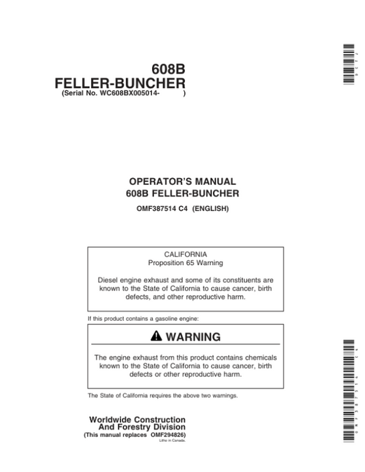 John Deere 608B Tracked Feller Bunchers Operator’s Manuals (OMF387514) Workshop Guide