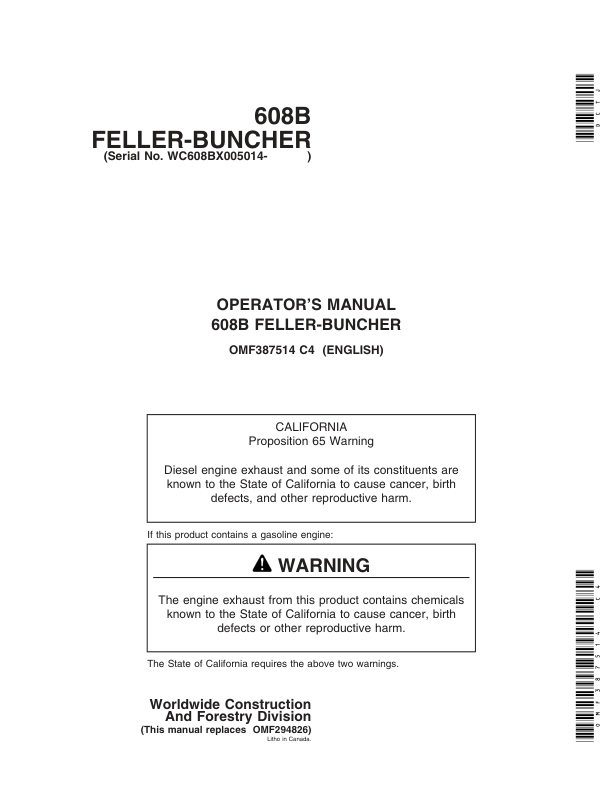 John Deere 608B Tracked Feller Bunchers Operator’s Manuals (OMF387514) Workshop Guide