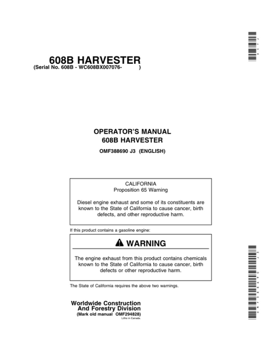 John Deere 608B Tracked Harvesters Operator’s Manuals (OMF388690) Workshop Guide