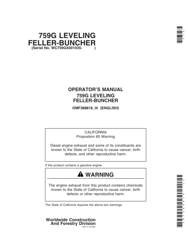John Deere 759G Tracked Feller Bunchers Operator’s Manuals (OMF388818) Workshop Guide