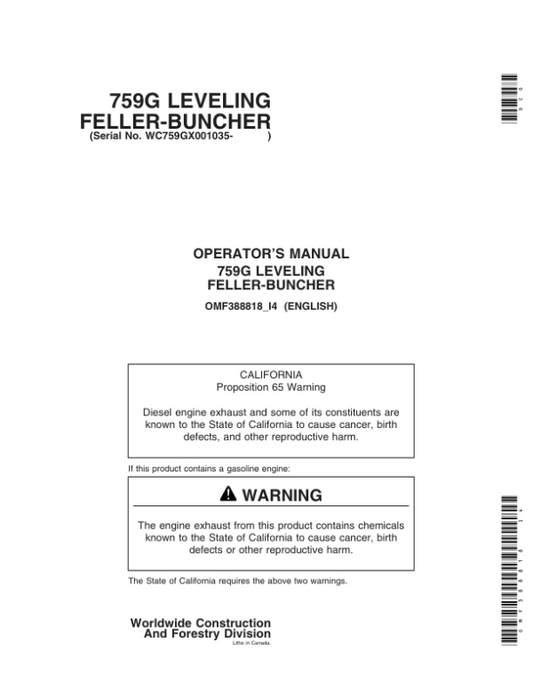 John Deere 759G Tracked Feller Bunchers Operator’s Manuals (OMF388818) Workshop Guide