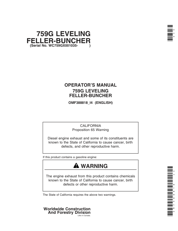John Deere 759G Tracked Feller Bunchers Operator’s Manuals (OMF388818) Workshop Guide