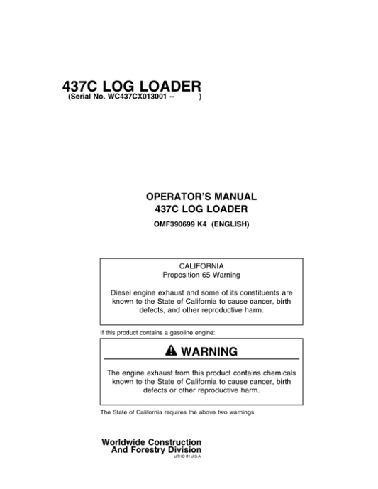John Deere 437C Knuckleboom Loader Operator’s Manuals (OMF390699) Workshop Guide