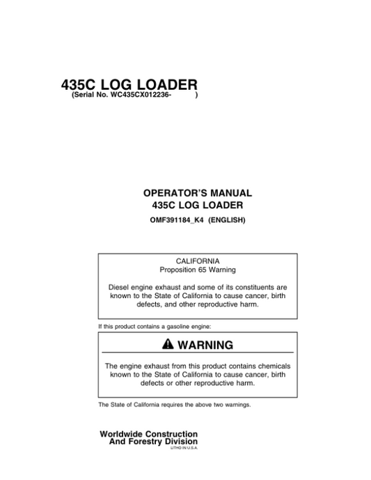 John Deere 435C Knuckleboom Loader Operator’s Manuals (OMF391184) Workshop Guide