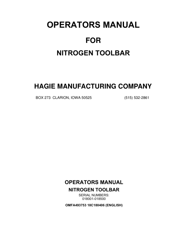 John Deere Hagie Nitrogen Toolbar (018001-018500) (Worldwide Edition) Operator’s Manual (OMFA493753) Workshop Guide