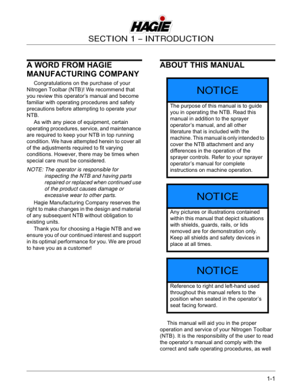John Deere Hagie Nitrogen Toolbar (018001-018500) (Worldwide Edition) Operator’s Manual (OMFA493753) Workshop Guide