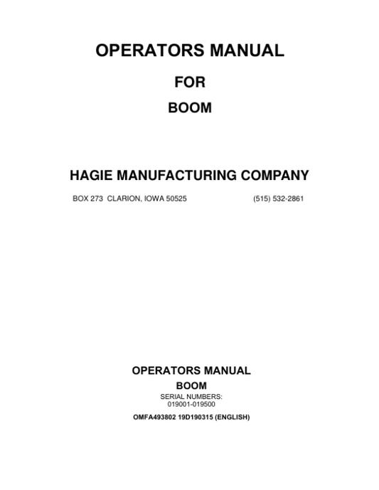 John Deere Hagie Boom (019001-019500) (Worldwide Edition) Operator’s Manual (OMFA493802) Workshop Guide