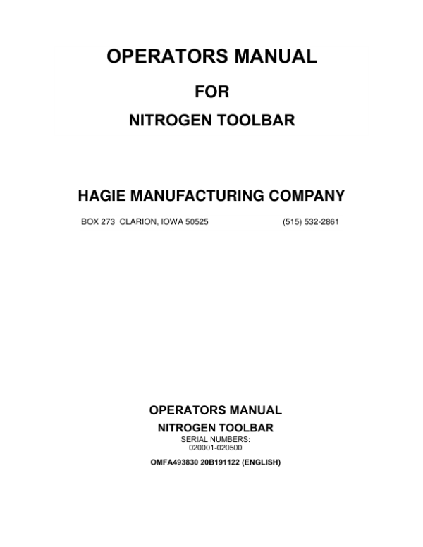 John Deere Hagie Nitrogen Toolbar (020001-020500) (Worldwide Edition) Operator’s Manual (OMFA493830) Workshop Guide