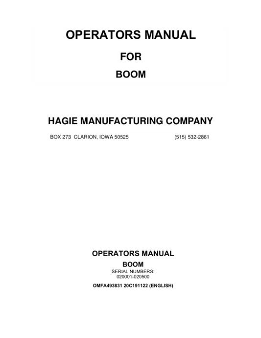 John Deere Hagie Boom (020001-020500) (Worldwide Edition) Operator’s Manual (OMFA493831) Workshop Guide