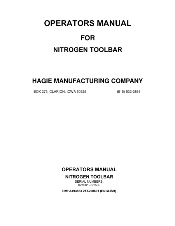 John Deere Hagie Nitrogen Toolbar (021001-021500) (Worldwide Edition) Operator’s Manual (OMFA493883) Workshop Guide