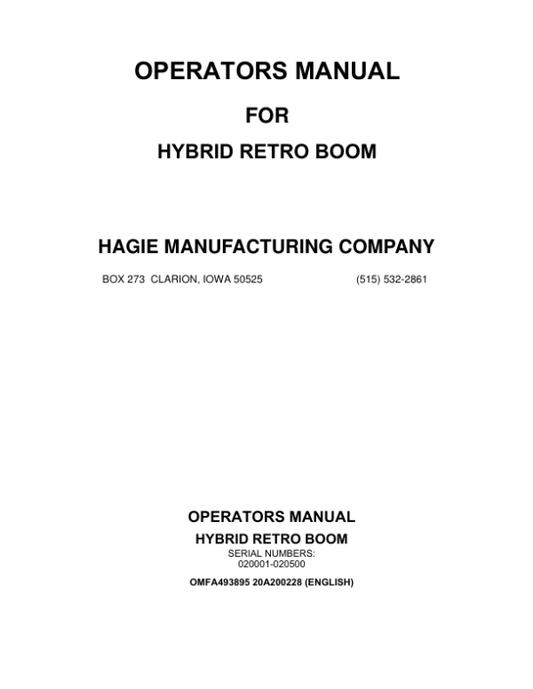 John Deere Hagie Hybrid Retro Boom (020001-020500) (Worldwide Edition) Operator’s Manual (OMFA493895) Workshop Guide