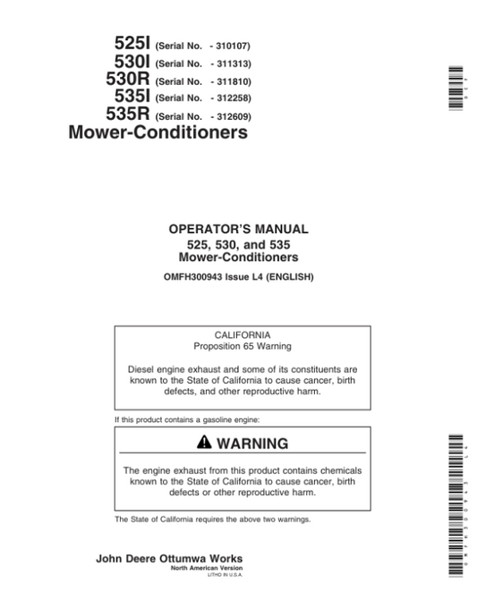 John Deere 525, 530, 535 Rotary Mower Conditioners Operator’s Manual (OMFH300943) Workshop Guide