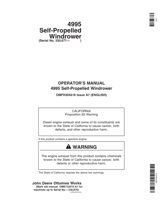 John Deere 4995 Self-Propelled Windrower Operator’s Manual (OMFH304218) Workshop Guide