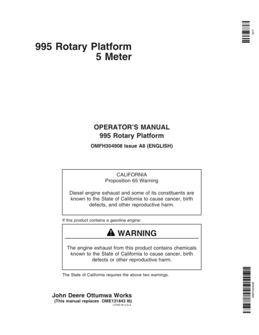 John Deere 995 Rotary Platform 5 Meter (000001-349999) Operator’s Manual (OMFH304908) Workshop Guide