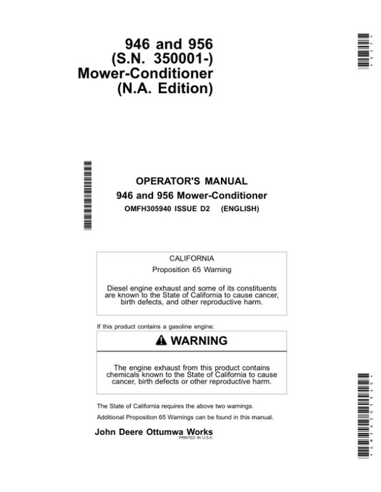 John Deere 946, 956 (S.N. 350001-) Mower-Conditioner (N.A. Edition) Operator’s Manual (OMFH305940) Workshop Guide