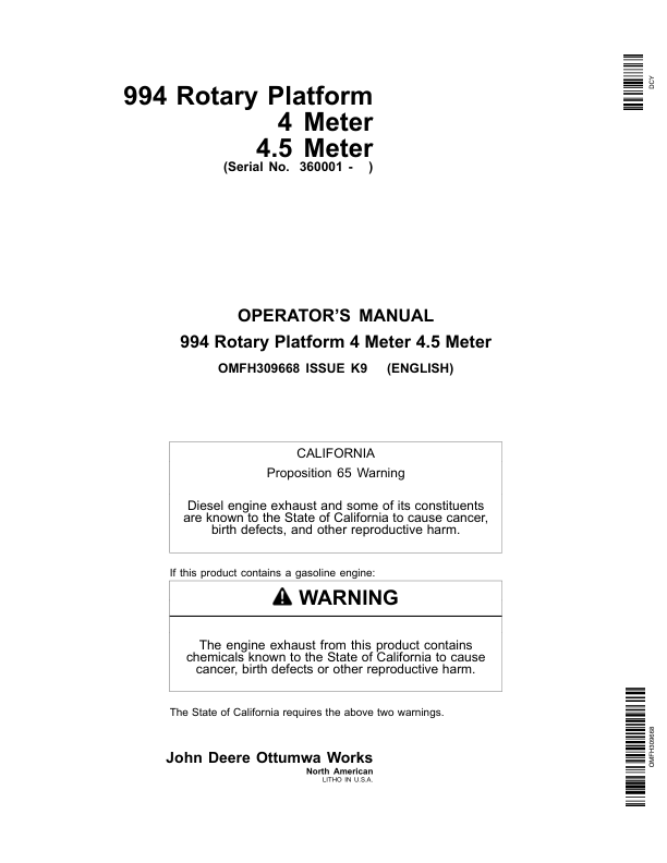John Deere 994 Rotary Platform4 Meter4.5 Meter (360001-) Operator’s Manual (OMFH309668) Workshop Guide