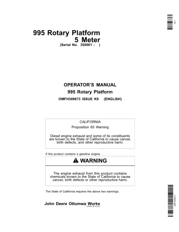 John Deere 995 Rotary Platform 5 Meter (350001-) Operator’s Manual (OMFH309673) Workshop Guide