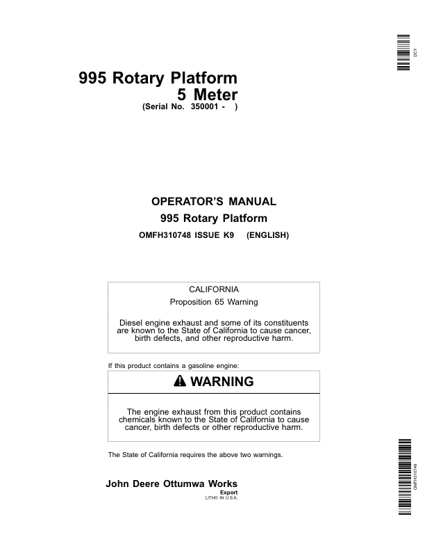 John Deere 995 Rotary Platform 5 Meter (350001-) Operator’s Manual (OMFH310748) Workshop Guide