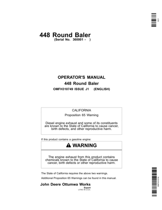John Deere 448 Round Baler Operator’s Manual (OMFH310749) Workshop Guide