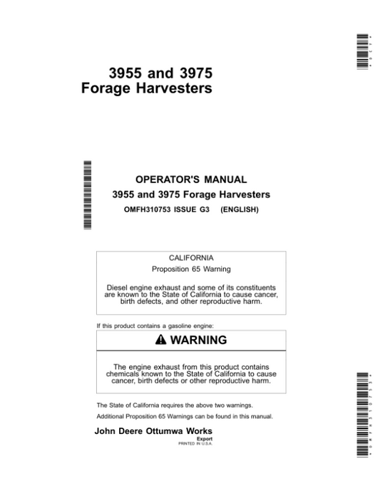 John Deere 3955, 3975 Pull-Type Forage Harvesters Operator’s Manual (OMFH310753) Workshop Guide