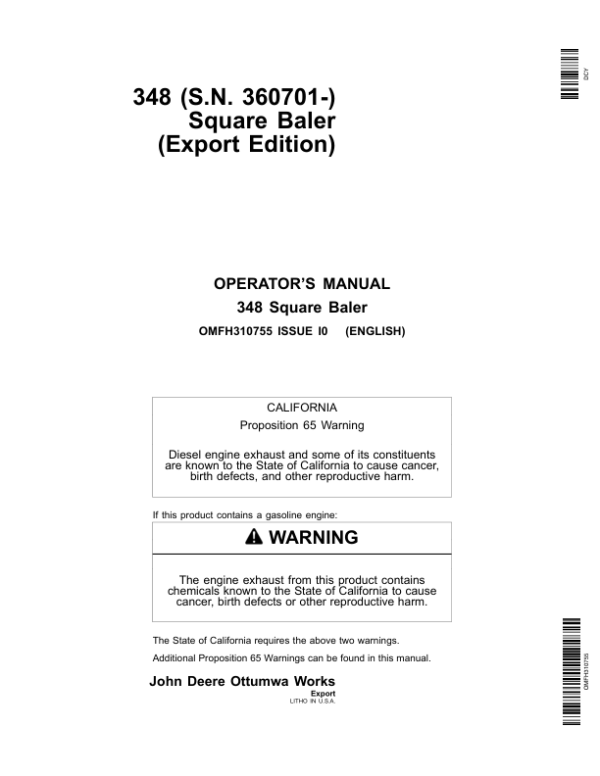 John Deere 348 Square Baler (360701-) Operator’s Manual (OMFH310755) Workshop Guide