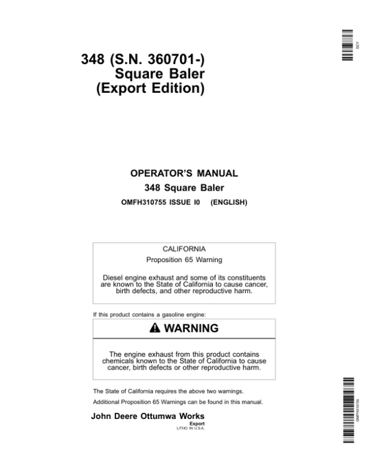 John Deere 348 Square Baler (360701-) Operator’s Manual (OMFH310755) Workshop Guide