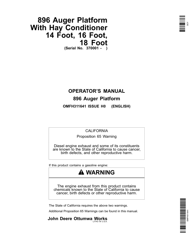 John Deere 896 Auger Platform North America (370001- ) Operator’s Manual (OMFH311641) Workshop Guide
