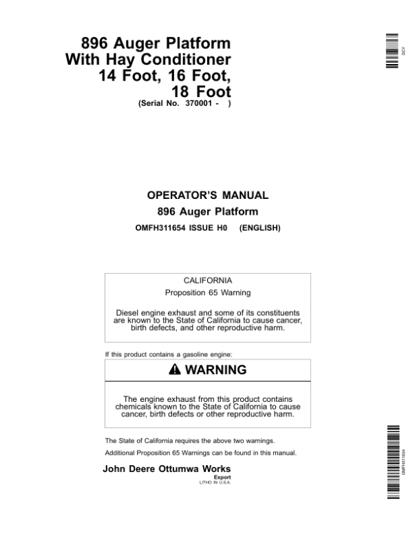 John Deere 896 Auger Platform Export Edition (370001-) Operator’s Manual (OMFH311654) Workshop Guide