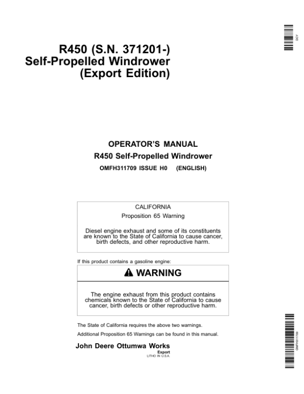 John Deere R450 Sef-Propelled Windrower Operator’s Manual (OMFH311709) Workshop Guide