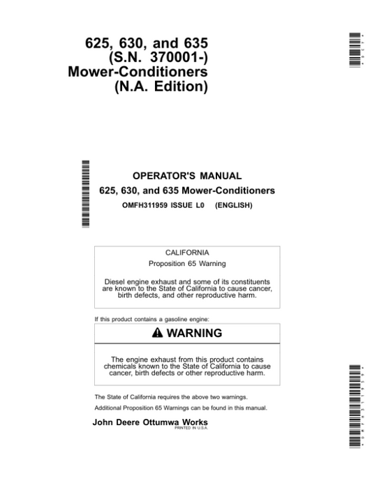 John Deere 625, 630, 635 Mower-Conditioners (370001-459999) Operator’s Manual (OMFH311959) Workshop Guide
