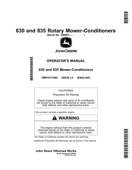 John Deere 830, 835 Rotary Mower-Conditioners (350001-459999) Operator’s Manual (OMFH311964) Workshop Guide