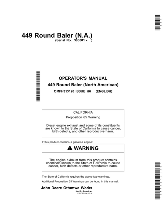 John Deere 449 Round Baler (North American) Operator’s Manual (OMFH313120) Workshop Guide