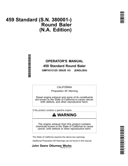 John Deere 459 Standard Round Baler (380001-) Operator’s Manual (OMFH313125) Workshop Guide