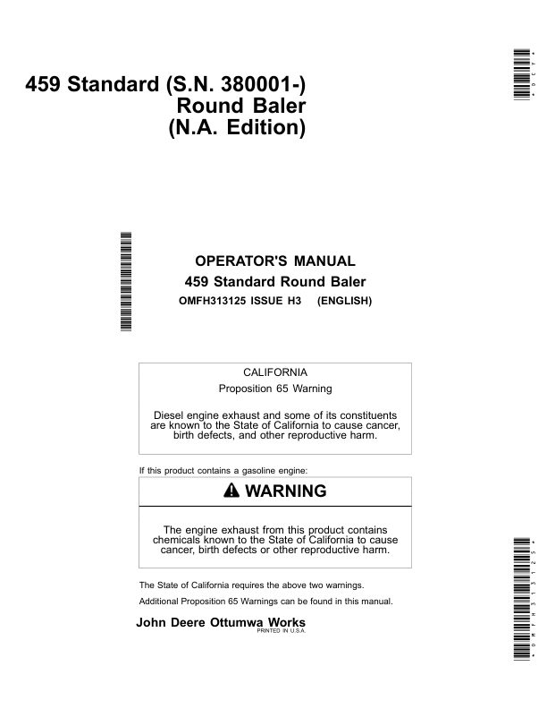 John Deere 459 Standard Round Baler (380001-) Operator’s Manual (OMFH313125) Workshop Guide