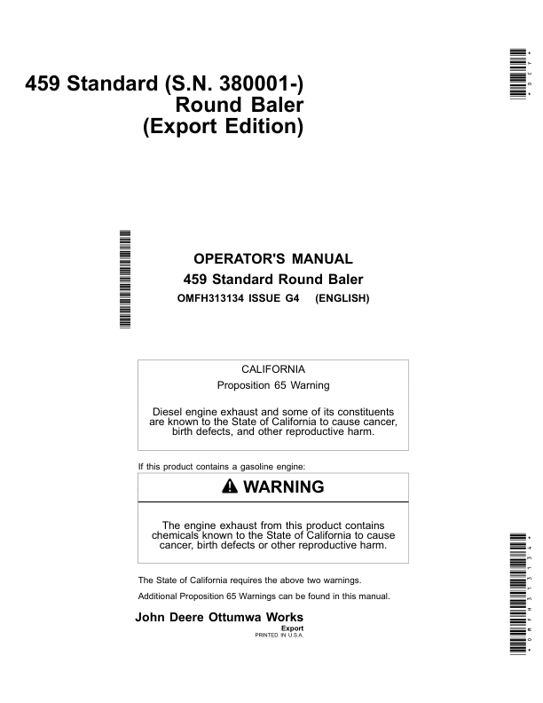 John Deere 459 Standard Round Baler Export Edition (380001- ) Operator’s Manual (OMFH313134) Workshop Guide