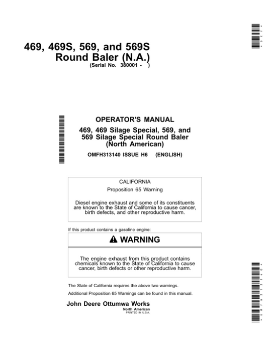 John Deere 469, 469S, 569 & 569S Round Balers (North American) Operator’s Manual (OMFH313140) Workshop Guide