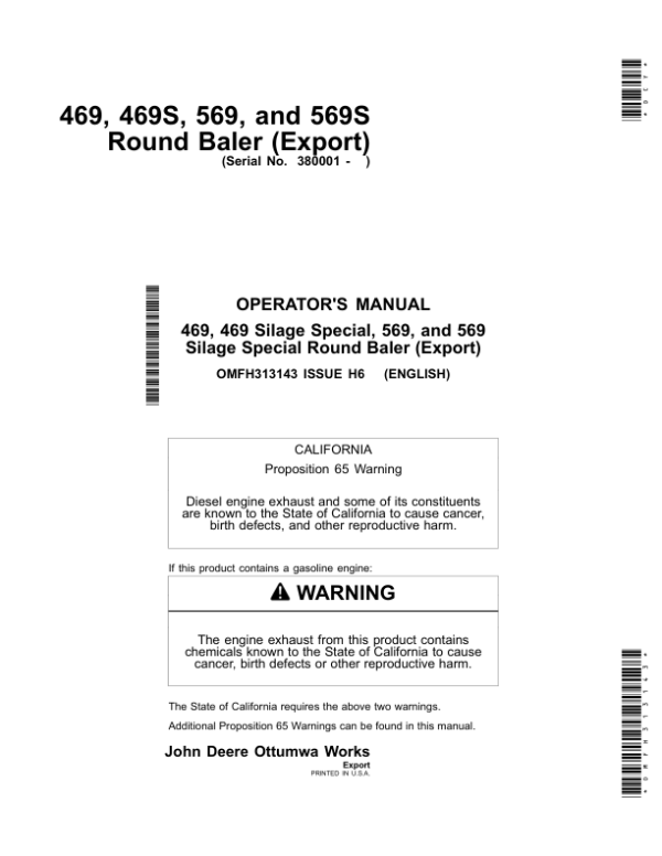 John Deere 469, 469S, 569 & 569S Round Balers (Export Edition) Operator’s Manual (OMFH313143) Workshop Guide