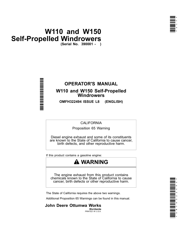 John Deere W110 Self-Propelled Windrowers Operator’s Manual (OMFH322494) Workshop Guide
