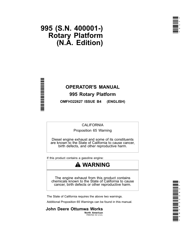 John Deere 995 Rotary Platform (400001-) Operator’s Manual (OMFH322627) Workshop Guide