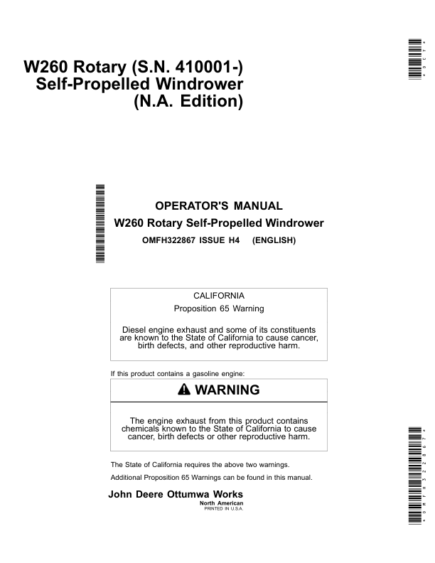 John Deere W260 Rotary Self-Propelled Windrower North America (410001-420000) Operator’s Manual (OMFH322867) Workshop Guide