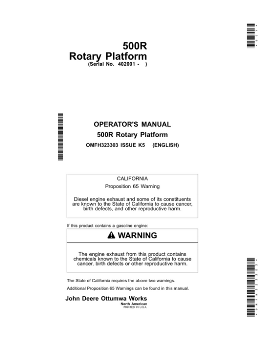 John Deere 500R Rotary Platform (402001-) Operator’s Manual (OMFH323303) Workshop Guide
