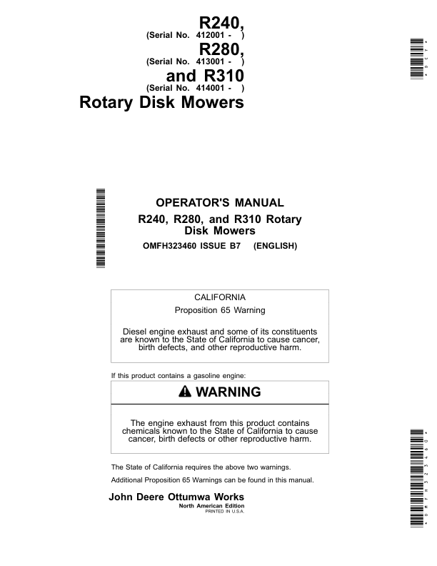 John Deere R240, R280 & R310 Rotary Disk Mowers Operator’s Manual (OMFH323460) Workshop Guide