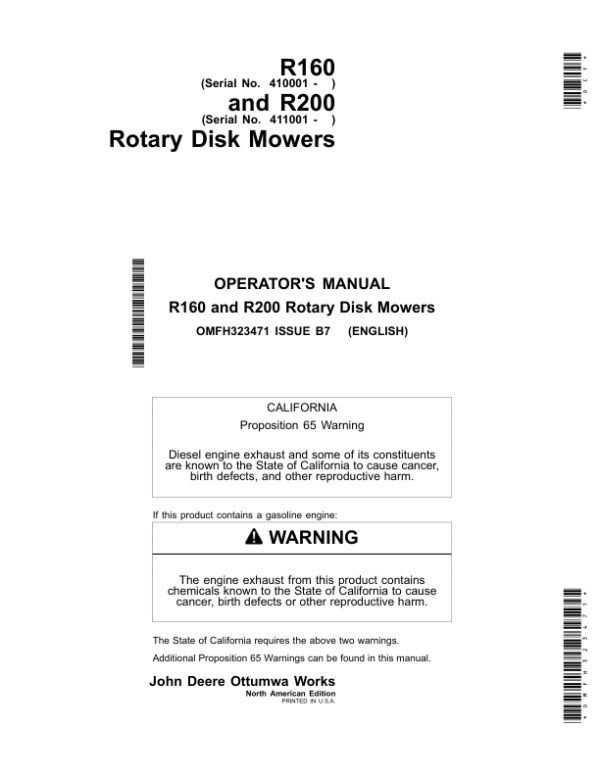 John Deere R160 & R200 Rotary Disk Mowers Operator’s Manual (OMFH323471) Workshop Guide