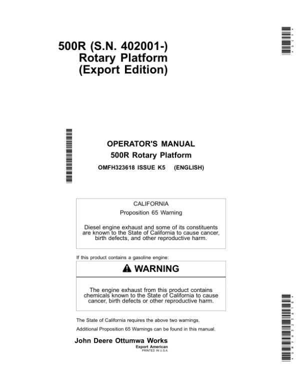 John Deere 500R Rotary Platform (402001-) Operator’s Manual (OMFH323618) Workshop Guide