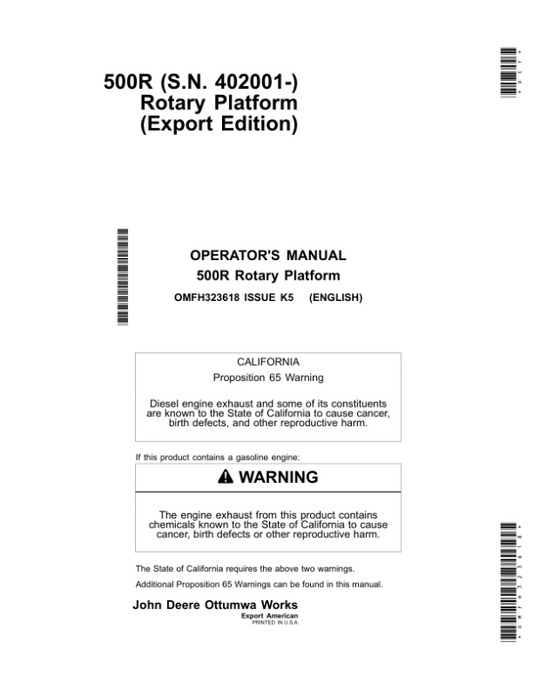 John Deere 500R Rotary Platform (402001-) Operator’s Manual (OMFH323618) Workshop Guide