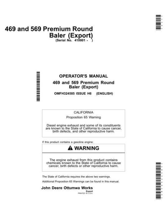 John Deere 469 & 569 Premium Round Balers (Export Edition) Operator’s Manual (OMFH324585) Workshop Guide