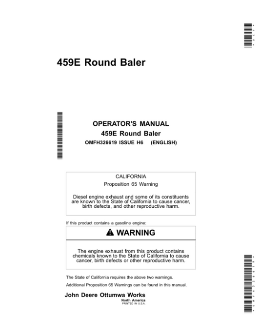 John Deere 459E Round Balers (North America Edition) Operator’s Manual (OMFH326619) Workshop Guide