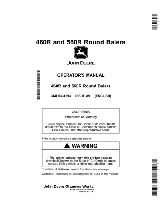John Deere 460R, 560R Round Balers Operator’s Manual (OMFH331593) Workshop Guide
