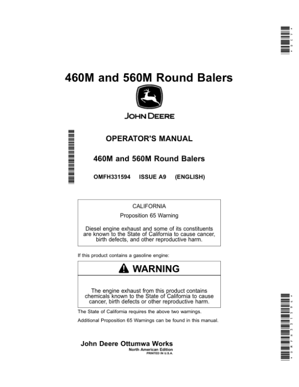 John Deere 460M, 560M Round Balers Operator’s Manual (OMFH331594) Workshop Guide
